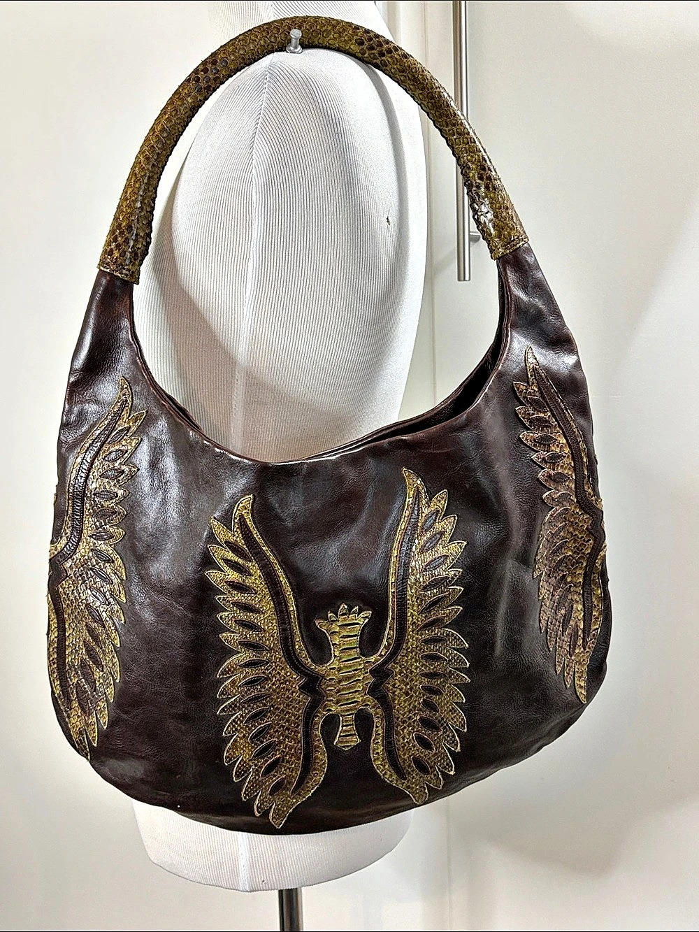 Devi Kroell Python Leather Hobo Shoulder Bag in Brown & Gold Made in Italy